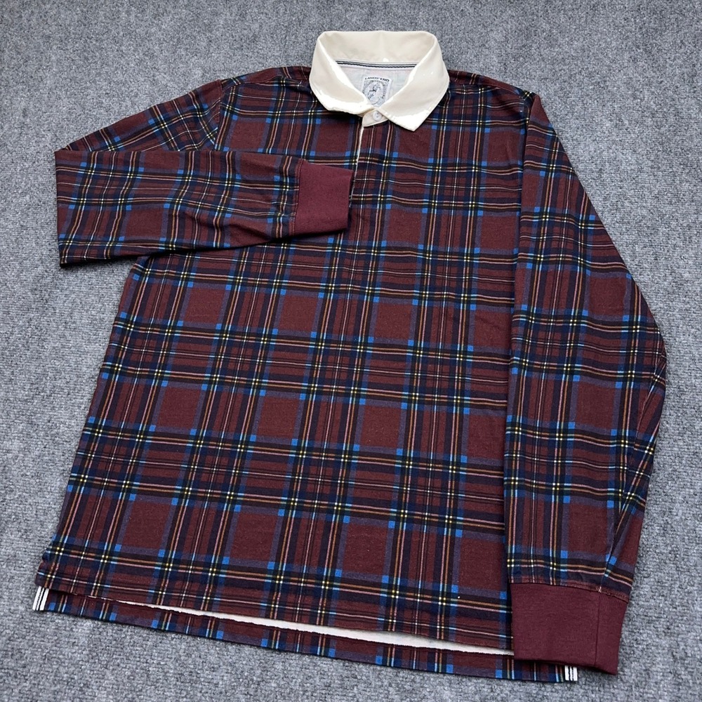 Lands End Rugby Shirt Men's LT Large Tall Burgundy Plaid Long Sleeve Polo